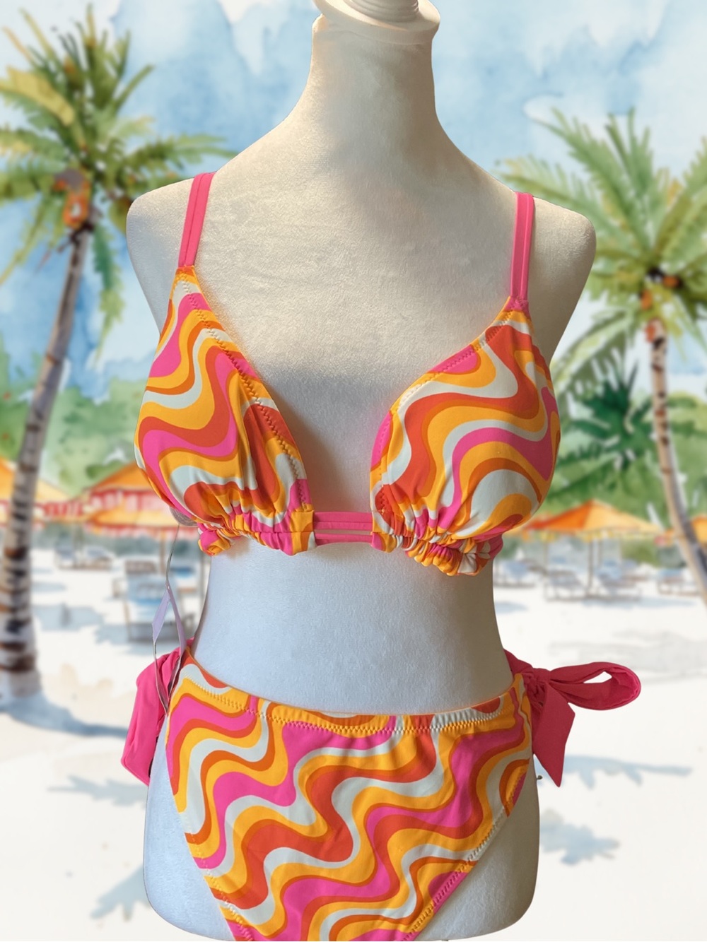 WILD FABLE Women's 1X Bikini Set Reversible Psychedelic Swirl Orange Pink NWT - Picture 2 of 14